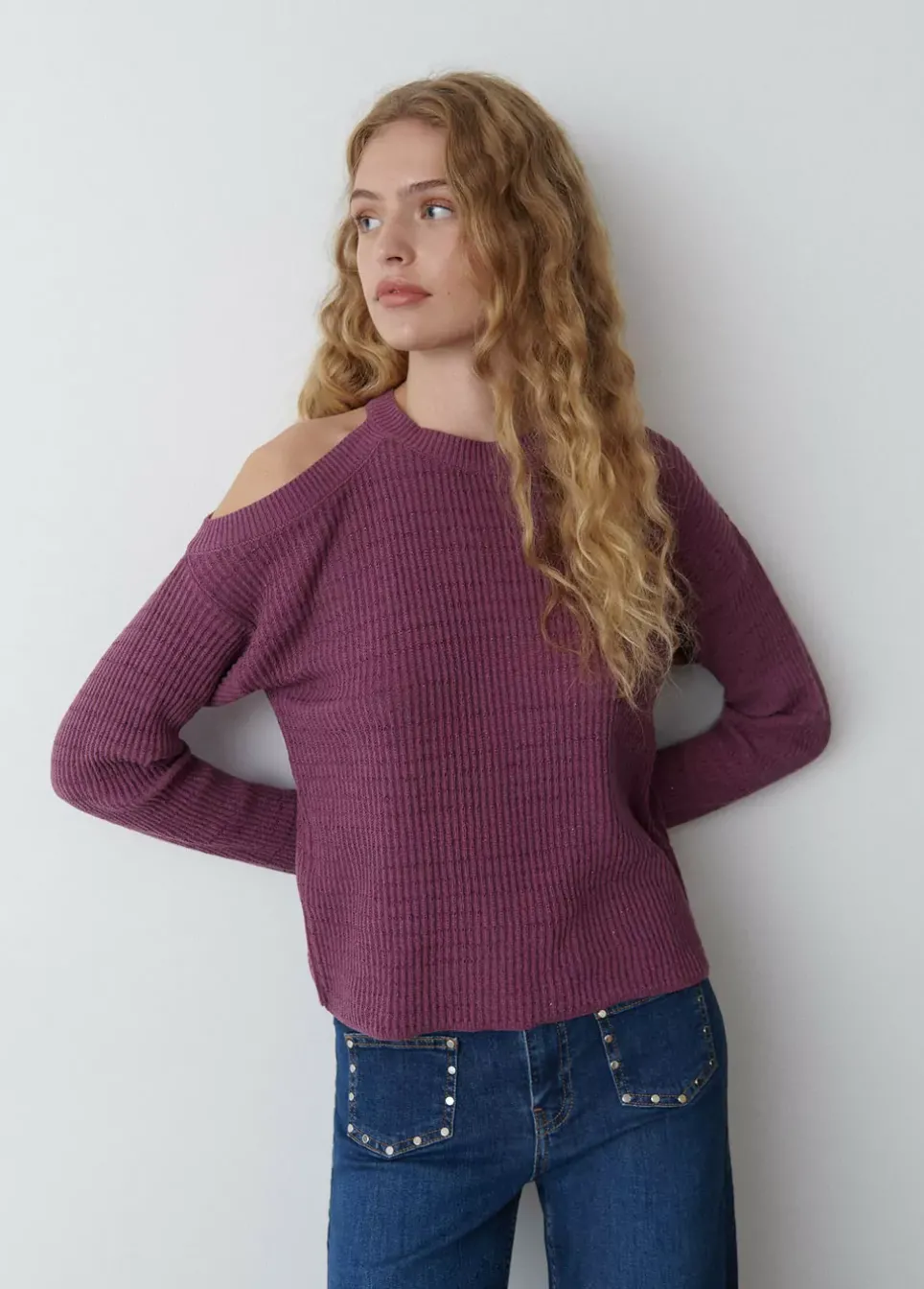 Jersey Cut Out Hilo Metalizado Berenjena